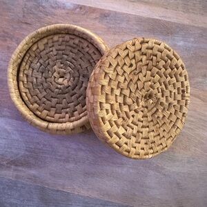 Set of 4 Vintage Rattan Coasters in Rattan Round Box
